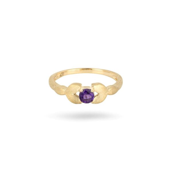 Material: 10ct yellow gold / 420 hallmarked. Gemstone: 1 x round African amethyst (0.24ct). Finish: Matte finish. Style: Romantic glam / day & night. Gross Weight: 1.80 grams. Dimensions: 11 x 5mm