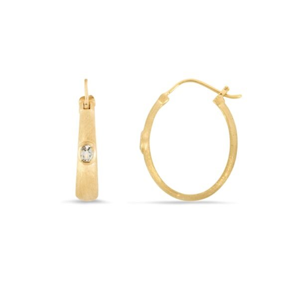 Material: 10ct yellow gold - 420 hallmark. Gemstone: 2 x oval clear topaz (0.38ct). Finish: Satin metal finish. Style: Modern classic - day & night. Dimensions: 25 x 5mm. Gross Weight: 6.89 grams. Closure: Clip hook - suitable for pierced ears only