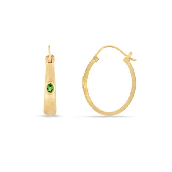 Material: 10ct yellow gold - 420 hallmarked. Gemstone: 2 x oval green tsavorite (0.36ct). Finish: Satin metal finish. Style: Modern classic - day & night. Dimensions: 25 x 5mm. Gross Weight: 6.89 grams. Closure: Clip hook - suitable for pierced ears only