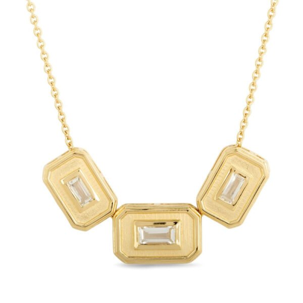 Material: 925 Sterling Silver / 14ct yellow gold plating. Gemstone: 3 x baguette cut clear topaz 0.96ct. Finish: Matte plating inner & highly polished edges. Style: Modern Deco - perfectly paired with a formal or casual attire. Pendant Dimensions: 28 x 14mm. Chain Details: Cable chain 18" / 45.7cm. Gross Weight: 4.77 grams. Closure: Fish lock