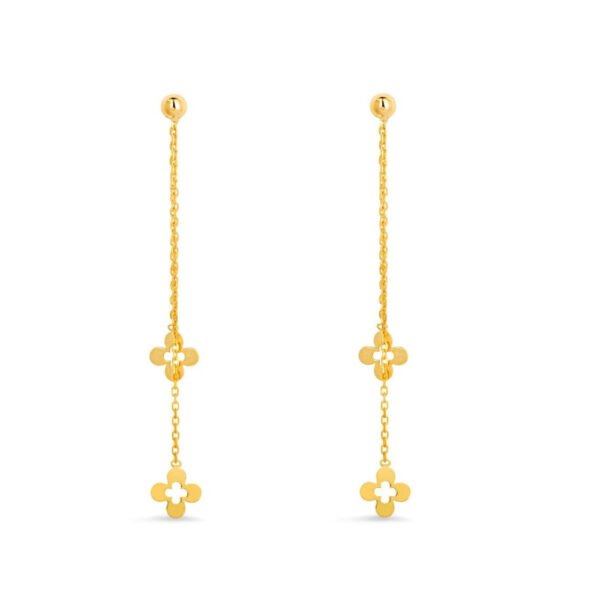 Metal:  9ct yellow gold - 375 hallmarked. Finish: Highly polished. Style: Modern classic / dangle chain quatrefoil earrings. Closure: Push post - suitable for pierced ears only. Gross Weight: 0.90 grams. Dimensions:  35 x 2mm