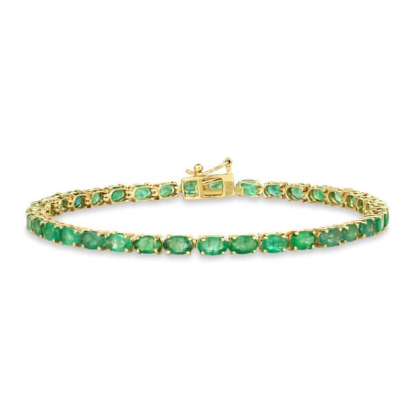 Metal: 9ct yellow gold - 375 hallmarked. Gemstone: 37 x oval cut Sakota emeralds (6.68ct). Finish: Highly polished. Style: Classic glam. Closure: Box type - double secured. Gross Weight: 6.41 grams. Dimensions:  19cm x 4mm