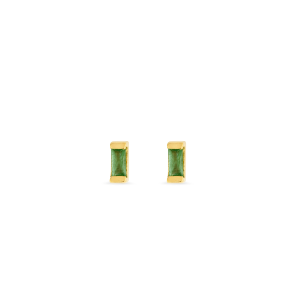 Metal: 925 Sterling Silver. Plating: 18ct gold vermeil. Gemstone: 2 x Sakota emerald baguette (0.23ct). Finish: Highly polished. Style: Minimalist. Closure: Push post - suitable for pierced ears only. Gross Weight: 0.85 grams. Dimensions:  6 x 2mm