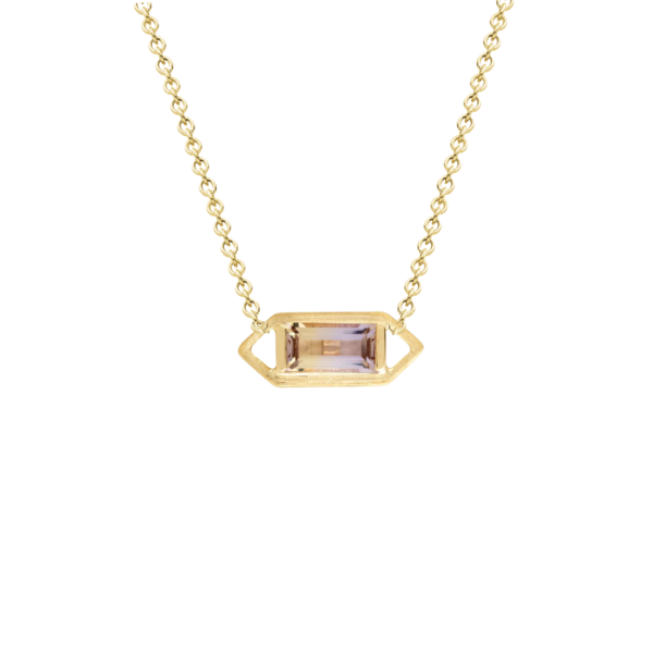 Material: 10ct yellow gold - 420 hallmarked. Gemstone: 1 x baguette cut ametrine (0.85ct). Finish: Satin finish pendant