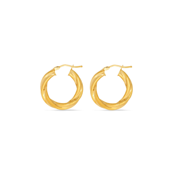 Metal: 9ct yellow gold - 375 hallmarked. Finish; Highly polished. Style: Modern classic / twist tube medium hoops. Closure: Latch back - suitable for pierced ears only. Gross Weight: 1.20 grams. Dimensions:  15 x 15 x 4mm