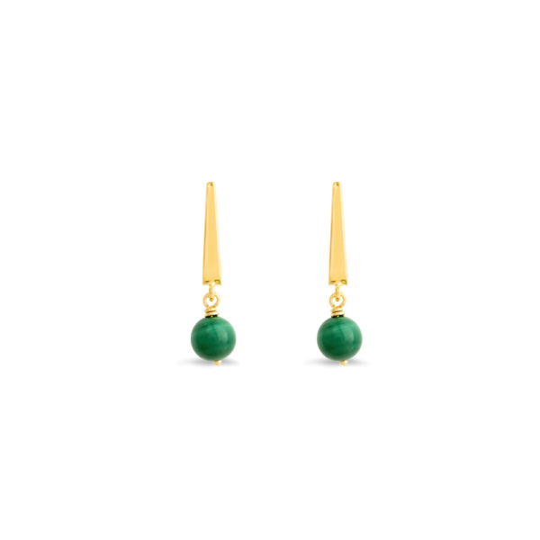 Material: 925 Sterling Silver / 14ct yellow gold plating. Finish: Highly polished. Gemstone: 2 x malachite ball (3.60ct). Style: Minimalist. Closure: Push back. Dimensions: 20 x 5mm. Gross Weight: 2 grams