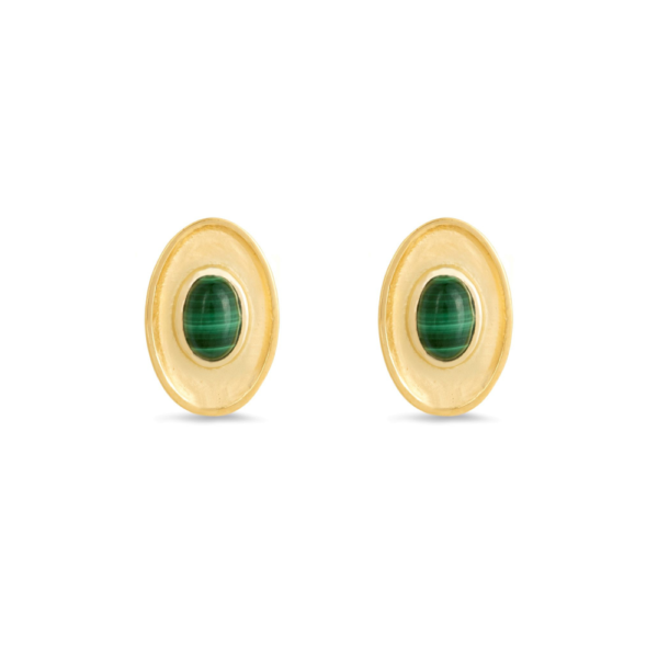 Material: 925 Sterling Silver -14ct gold plating. Gemstone: 2 x oval cabochon malachite 1.10ct. Finish: Matte gold plated inner & highly polished edges. Style: Modern Deco - perfectly paired with a formal or casual attire. Dimensions: 15 x 10mm. Gross Weight: 3.38 grams. Closure: Push post - suitable for pierced ears only