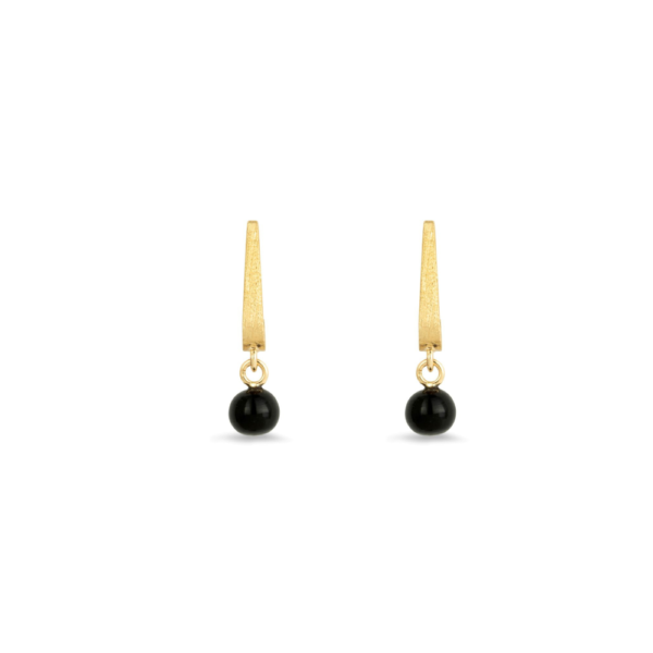 Material: 10ct yellow gold - 420 hallmarked. Finish: Satin finish. Gemstone: 2 x round black onyx (1.60ct). Style: Minimalist. Closure: Push back - suitable for pierced ears only. Dimensions: 20 x 5mm. Gross Weight: 2 grams