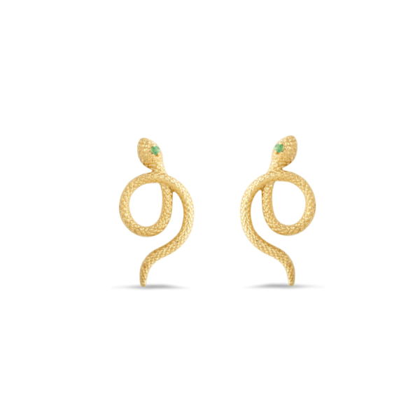 Metal: 10ct yellow gold - 420 hallmarked. Gemstones: 2 x round Zambian emerald (0.04ct). Finish: Matte finish metal. Style: Daily glam. Closure: Push back - suitable for pierced ears only. Gross Weight: 4.76 grams. Dimensions:  23 x 12mm