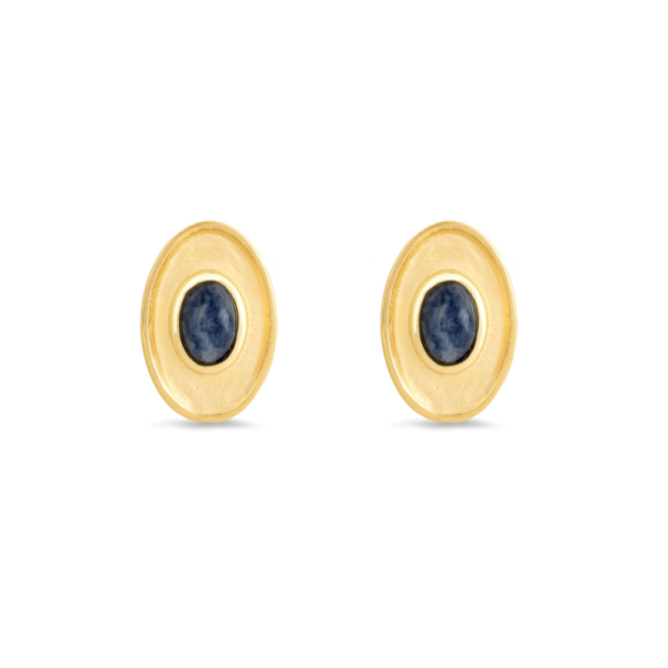 Material: 925 Sterling Silver - 14ct gold plating. Gemstone: 2 x oval cabochon sodalite 1.10ct. Finish: Matte gold plated inner & highly polished edges. Style: Modern Deco - perfectly paired with a formal or casual attire. Dimensions: 15 x 10mm. Gross Weight: 3.38 grams. Closure: Push post - suitable for pierced ears only