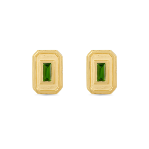 Material: 925 Sterling Silver / 14ct yellow gold plating. Gemstone: 2 x baguette cut chrome diopside 0.72ct. Finish: Matte plating inner & highly polished edges. Style: Modern Deco - perfectly paired with a formal or casual attire. Dimensions: 15 x 10mm. Gross Weight: 4.82 grams. Closure: Push post - suitable for pierced ears only