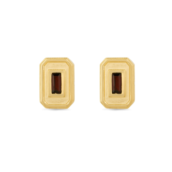 Material: 925 Sterling Silver - 14ct yellow gold plating. Gemstone: 2 x baguette cut dark red garnet 0.82ct. Finish: Matte plating inner & highly polished edges. Style: Modern Deco - perfectly paired with a formal or casual attire. Dimensions: 15 x 10mm. Gross Weight: 4.82 grams. Closure: Push post - suitable for pierced ears only