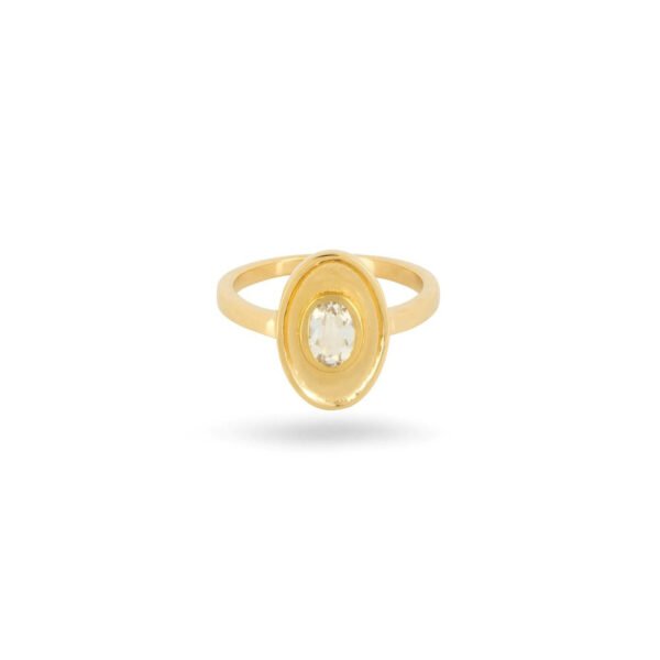 Material: 925 Sterling Silver - 14ct gold platting. Gemstone: 1 x oval clear topaz 0.55ct. Finish: Matte inner & highly polished edges. Style: Modern Deco - perfectly paired with a formal or casual attire. Dimensions: 14 x 9mm. Gross Weight: 2.60 grams