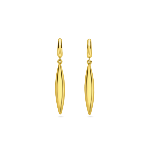 Metal: 9ct yellow gold - 375 hallmarked. Finish: Highly polished. Style: Modern glam drop earrings. Closure: Push post - suitable for pierced ears only. Gross Weight: 2.80 grams. Dimensions:  42 x 6mm